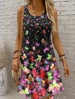 Women's Mini Dress Casual Dress Sundress A Line Dress Off The Shoulder Dress Vacation Casual Holiday Beach Regular Fit Ombre Graphic Butterfly Sleeveless Crew Neck Scoop Neck Colourful Yellow Red Blue