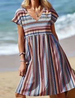 Women's Mini Dress Casual Dress A Line Dress Stylish Casual Vacation Daily Regular Fit Stripe Short Sleeve V Neck Blue Summer