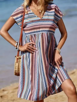 Women's Mini Dress Casual Dress A Line Dress Stylish Casual Vacation Daily Regular Fit Stripe Short Sleeve V Neck Blue Summer
