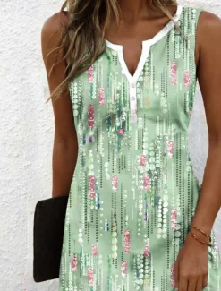 Women's Mini Dress Casual Dress Sundress Summer Dress Casual Vacation Daily Holiday Regular Fit Floral Graphic Bohemian Sleeveless Notched Neck Light Green Summer Spring
