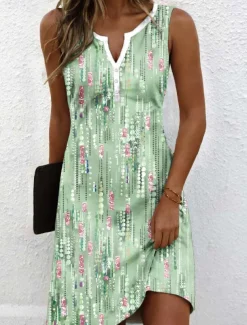Women's Mini Dress Casual Dress Sundress Summer Dress Casual Vacation Daily Holiday Regular Fit Floral Graphic Bohemian Sleeveless Notched Neck Light Green Summer Spring