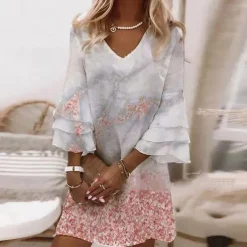 Women's Mini Dress Casual Dress Semi Formal Dress Petite Dress Sundress Elegant Vacation Basic Ruffle Sleeve Outdoor Vacation Daily Regular Fit Floral 3/4 Length Sleeve V Neck Pink Blue