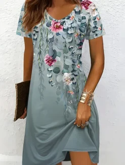 Women's Mini Dress Casual Dress T Shirt Dress Tee Dress Sundress A Line Dress Vacation Casual Boho Beach Regular Fit Ombre Floral Graphic Short Sleeve V Neck Black And White Yellow Red Blue Summer