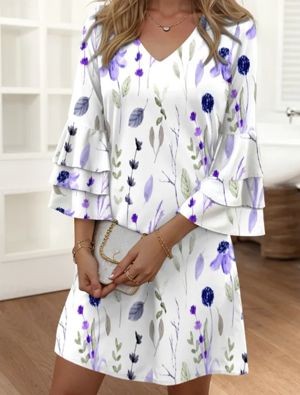 Women's Mini Dress Casual Dress Semi Formal Dress Petite Dress Sundress Streetwear Ruffle Sleeve Vacation Street Date Regular Fit Floral 3/4 Length Sleeve V Neck Pink Blue Purple Summer