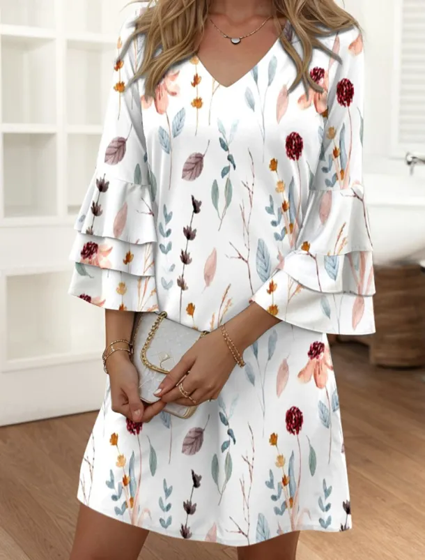 Women's Mini Dress Casual Dress Semi Formal Dress Petite Dress Sundress Streetwear Ruffle Sleeve Vacation Street Date Regular Fit Floral 3/4 Length Sleeve V Neck Pink Blue Purple Summer