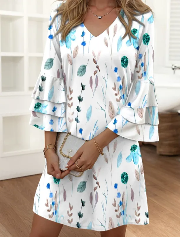 Women's Mini Dress Casual Dress Semi Formal Dress Petite Dress Sundress Streetwear Ruffle Sleeve Vacation Street Date Regular Fit Floral 3/4 Length Sleeve V Neck Pink Blue Purple Summer