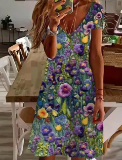 Women's Mini Dress Casual Dress Elegant Tropical Hawaiian Daily Regular Fit 3D Print Floral Short Sleeve Crew Neck Black White Pink Blue Summer