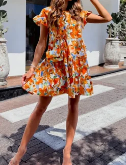 Women's Mini Dress Casual Dress A Line Dress Stylish Casual Vacation Daily Regular Fit Floral Short Sleeve Crew Neck Yellow Blue Fuchsia Summer