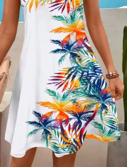 Women's Mini Dress Casual Dress Petite Dress Sundress Summer Dress Casual Vacation Daily Holiday Regular Fit Leaf Sleeveless V Neck Blue Summer