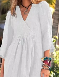 Women's Mini Dress Cotton Linen Dresses Casual Dress Basic Casual Vacation Daily Regular Fit Plain 3/4 Length Sleeve V Neck White Blue Brown Gray Summer