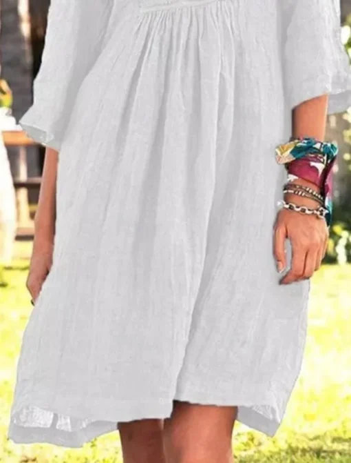 Women's Mini Dress Cotton Linen Dresses Casual Dress Basic Casual Vacation Daily Regular Fit Plain 3/4 Length Sleeve V Neck White Blue Brown Gray Summer