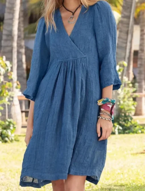 Women's Mini Dress Cotton Linen Dresses Casual Dress Basic Casual Vacation Daily Regular Fit Plain 3/4 Length Sleeve V Neck White Blue Brown Gray Summer
