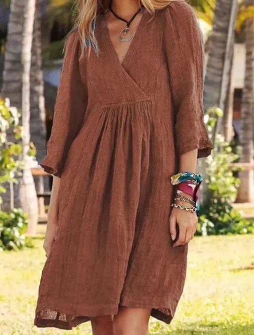 Women's Mini Dress Cotton Linen Dresses Casual Dress Basic Casual Vacation Daily Regular Fit Plain 3/4 Length Sleeve V Neck White Blue Brown Gray Summer