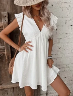 Women's Mini Dress Cotton Linen Dresses Basic Casual Vacation Daily Regular Fit Plain Sleeveless V Neck White Summer