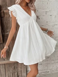 Women's Mini Dress Cotton Linen Dresses Basic Casual Vacation Daily Regular Fit Plain Sleeveless V Neck White Summer
