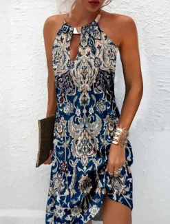 Women's Mini Dress Ethnic Dress Summer Dress Halter Neck Dress Print Dress Ethnic Tribal Outdoor Daily Going out Regular Fit Floral Tribal Sleeveless Halter Neck Blue Summer Spring