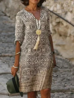 Women's Mini Dress Ethnic Dress Mini Dress Petite Dress T Shirt Dress Tee Dress Shift Dress Fashion Streetwear Ethnic Outdoor Vacation Work Loose Fit Tribal 3/4 Length Sleeve V Neck Khaki Summer