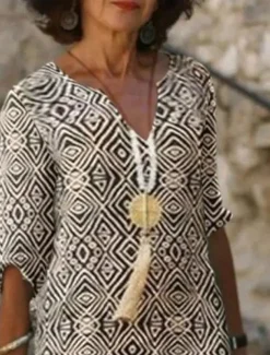 Women's Mini Dress Ethnic Dress Mini Dress Petite Dress T Shirt Dress Tee Dress Shift Dress Fashion Streetwear Ethnic Outdoor Vacation Work Loose Fit Tribal 3/4 Length Sleeve V Neck Khaki Summer