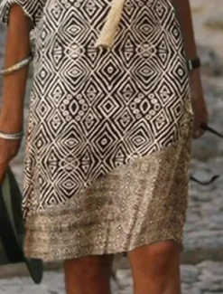 Women's Mini Dress Ethnic Dress Mini Dress Petite Dress T Shirt Dress Tee Dress Shift Dress Fashion Streetwear Ethnic Outdoor Vacation Work Loose Fit Tribal 3/4 Length Sleeve V Neck Khaki Summer