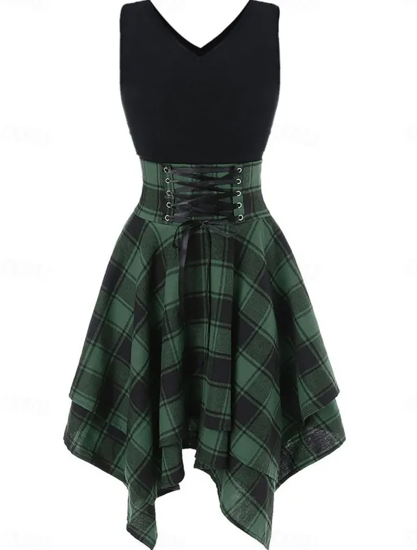 Women's Mini Dress Fit And Flare Dress Stylish Sexy Regular Fit Plaid Sleeveless V Neck White Red Blue Green Summer Spring