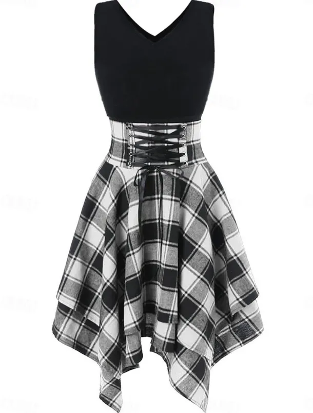 Women's Mini Dress Fit And Flare Dress Stylish Sexy Regular Fit Plaid Sleeveless V Neck White Red Blue Green Summer Spring