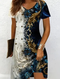 Women's Mini Dress Knit Dress Casual Dress T Shirt Dress Tee Dress Sundress Elegant Vacation Casual Beach Regular Fit Graphic Abstract Marble Short Sleeve V Neck Yellow Red Blue Purple Summer Spring