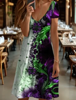 Women's Mini Dress Knit Dress Casual Dress T Shirt Dress Tee Dress Sundress Elegant Vacation Casual Beach Regular Fit Graphic Abstract Marble Short Sleeve V Neck Yellow Red Blue Purple Summer Spring