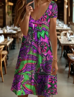 Women's Mini Dress Knit Dress Casual Dress T Shirt Dress Tee Dress Sundress Elegant Vacation Casual Beach Regular Fit Graphic Geometric Abstract Short Sleeve V Neck Yellow Blue Purple Orange Summer