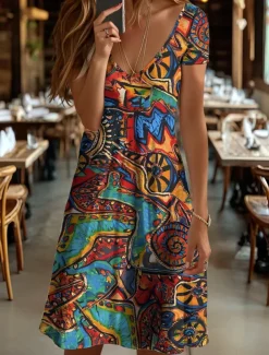 Women's Mini Dress Knit Dress Casual Dress T Shirt Dress Tee Dress Sundress Elegant Vacation Casual Beach Regular Fit Graphic Geometric Abstract Short Sleeve V Neck Yellow Blue Purple Orange Summer
