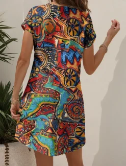 Women's Mini Dress Knit Dress Casual Dress T Shirt Dress Tee Dress Sundress Elegant Vacation Casual Beach Regular Fit Graphic Geometric Abstract Short Sleeve V Neck Yellow Blue Purple Orange Summer