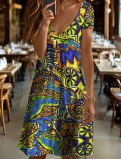 Women's Mini Dress Knit Dress Casual Dress T Shirt Dress Tee Dress Sundress Elegant Vacation Casual Beach Regular Fit Graphic Geometric Abstract Short Sleeve V Neck Yellow Blue Purple Orange Summer