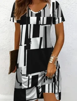 Women's Mini Dress Knit Dress Casual Dress T Shirt Dress Tee Dress Sundress Vacation Casual Regular Fit Graphic Geometric Short Sleeve V Neck Black And White Yellow Pink Blue Summer Spring
