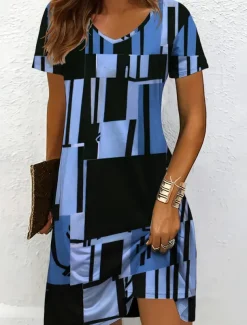 Women's Mini Dress Knit Dress Casual Dress T Shirt Dress Tee Dress Sundress Vacation Casual Regular Fit Graphic Geometric Short Sleeve V Neck Black And White Yellow Pink Blue Summer Spring