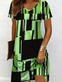 Women's Mini Dress Knit Dress Casual Dress T Shirt Dress Tee Dress Sundress Vacation Casual Regular Fit Graphic Geometric Short Sleeve V Neck Black And White Yellow Pink Blue Summer Spring