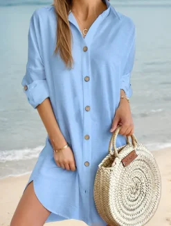 Women's Mini Dress Linen-Inspired Dresses White Dress Shirt Dress Casual Holiday Beach Regular Fit Plain Long Sleeve Lapel Black White Pink Blue Summer Fall