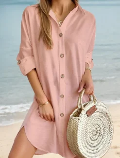 Women's Mini Dress Linen-Inspired Dresses White Dress Shirt Dress Casual Holiday Beach Regular Fit Plain Long Sleeve Lapel Black White Pink Blue Summer Fall