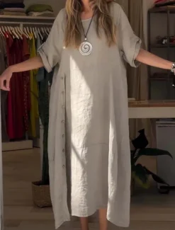 Women's Mini Dress Linen-Inspired Dresses Casual Dress Plain Dress Cotton Maxi Dress Casual Sports & Outdoor Street Regular Fit Plain Short Sleeve Crew Neck Green Apricot Gray Summer Spring Fall