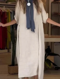 Women's Mini Dress Linen-Inspired Dresses Casual Dress Plain Dress Cotton Maxi Dress Casual Sports & Outdoor Street Regular Fit Plain Short Sleeve Crew Neck Green Apricot Gray Summer Spring Fall