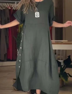 Women's Mini Dress Linen-Inspired Dresses Casual Dress Plain Dress Cotton Maxi Dress Casual Sports & Outdoor Street Regular Fit Plain Short Sleeve Crew Neck Green Apricot Gray Summer Spring Fall