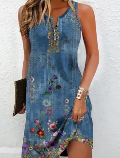 Women's Mini Dress Petite Dress T Shirt Dress Tee Dress Sundress Summer Dress Fashion Modern Boho Outdoor Vacation Casual Regular Fit Floral Sleeveless Split Neck Blue Summer Spring