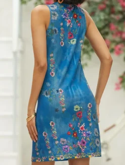 Women's Mini Dress Petite Dress T Shirt Dress Tee Dress Sundress Summer Dress Fashion Modern Boho Outdoor Vacation Casual Regular Fit Floral Sleeveless Split Neck Blue Summer Spring