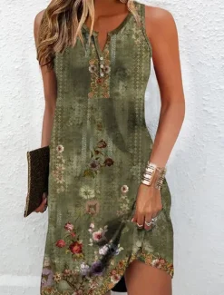 Women's Mini Dress Petite Dress T Shirt Dress Tee Dress Sundress Summer Dress Fashion Modern Boho Outdoor Vacation Casual Regular Fit Floral Sleeveless Split Neck Blue Summer Spring