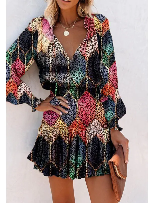 Women's Mini Dress Petite Dress Print Dress Fashion Daily Holiday Going out Regular Fit Flower Long Sleeve V Neck Black Red Khaki Rose Red Summer