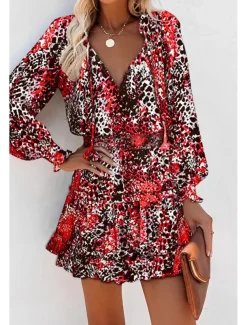 Women's Mini Dress Petite Dress Print Dress Fashion Daily Holiday Going out Regular Fit Flower Long Sleeve V Neck Black Red Khaki Rose Red Summer
