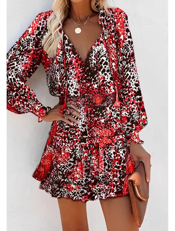 Women's Mini Dress Petite Dress Print Dress Fashion Daily Holiday Going out Regular Fit Flower Long Sleeve V Neck Black Red Khaki Rose Red Summer