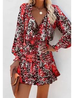 Women's Mini Dress Petite Dress Print Dress Fashion Daily Holiday Going out Regular Fit Flower Long Sleeve V Neck Black Red Khaki Rose Red Summer