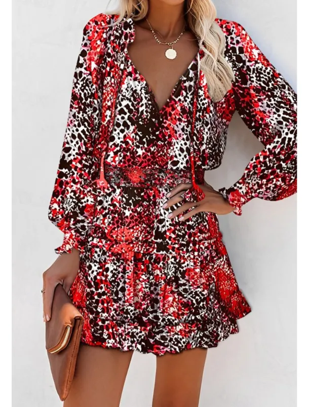 Women's Mini Dress Petite Dress Print Dress Fashion Daily Holiday Going out Regular Fit Flower Long Sleeve V Neck Black Red Khaki Rose Red Summer