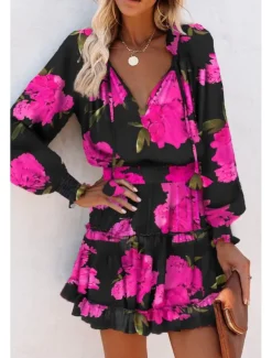 Women's Mini Dress Petite Dress Print Dress Fashion Daily Holiday Going out Regular Fit Flower Long Sleeve V Neck Black Red Khaki Rose Red Summer
