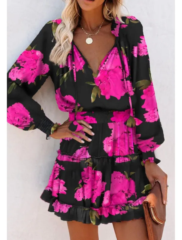 Women's Mini Dress Petite Dress Print Dress Fashion Daily Holiday Going out Regular Fit Flower Long Sleeve V Neck Black Red Khaki Rose Red Summer