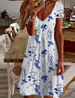Women's Mini Dress Petite Dress T Shirt Dress Tee Dress Sundress Summer Dress Active Fashion Streetwear Outdoor Vacation Birthday Regular Fit Floral Short Sleeve V Neck Pink Blue Purple